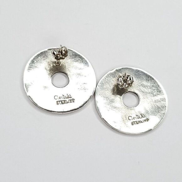 Vintage 80s 90s Cieslicki Earrings Round Sterling Silver Enamel Modernist - Picture 2 of 4